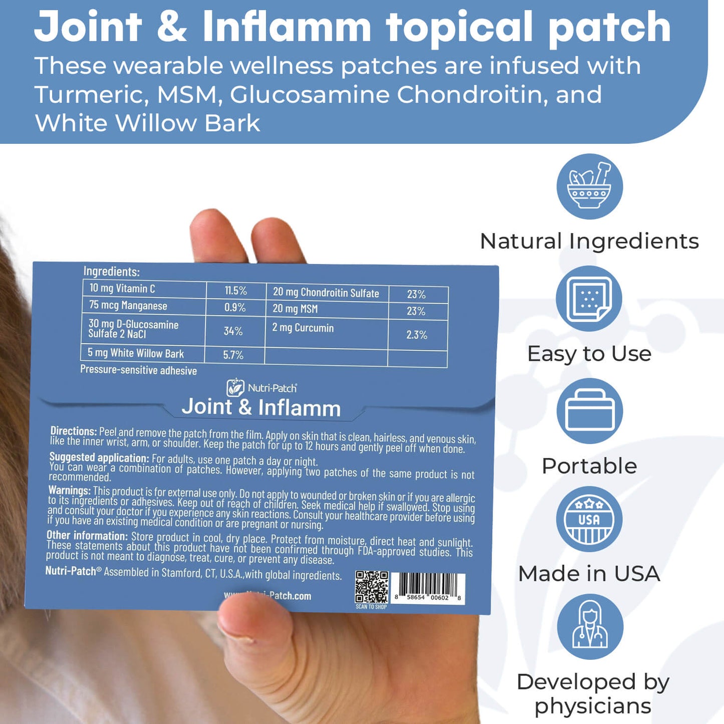 Joint & Inflamm Topical Patch, Infused with Turmeric, MSM, Glucosamine, Chondroitin, and White Willow bark.Designed to Give Your Joints a Boost.