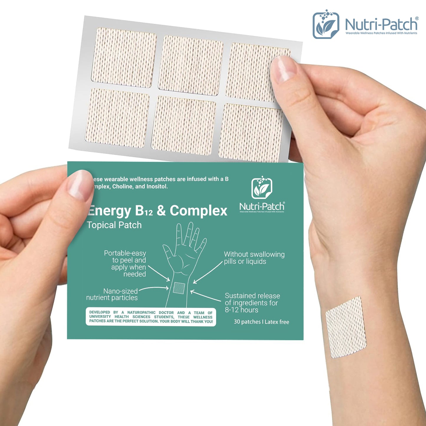 NUTRI-PATCH Energy B12 &Complex Topical Patch, Infused with B1,B2,B3,B5,B6,B12,Biotin. Designed to Give You a Boost (30/Pack).