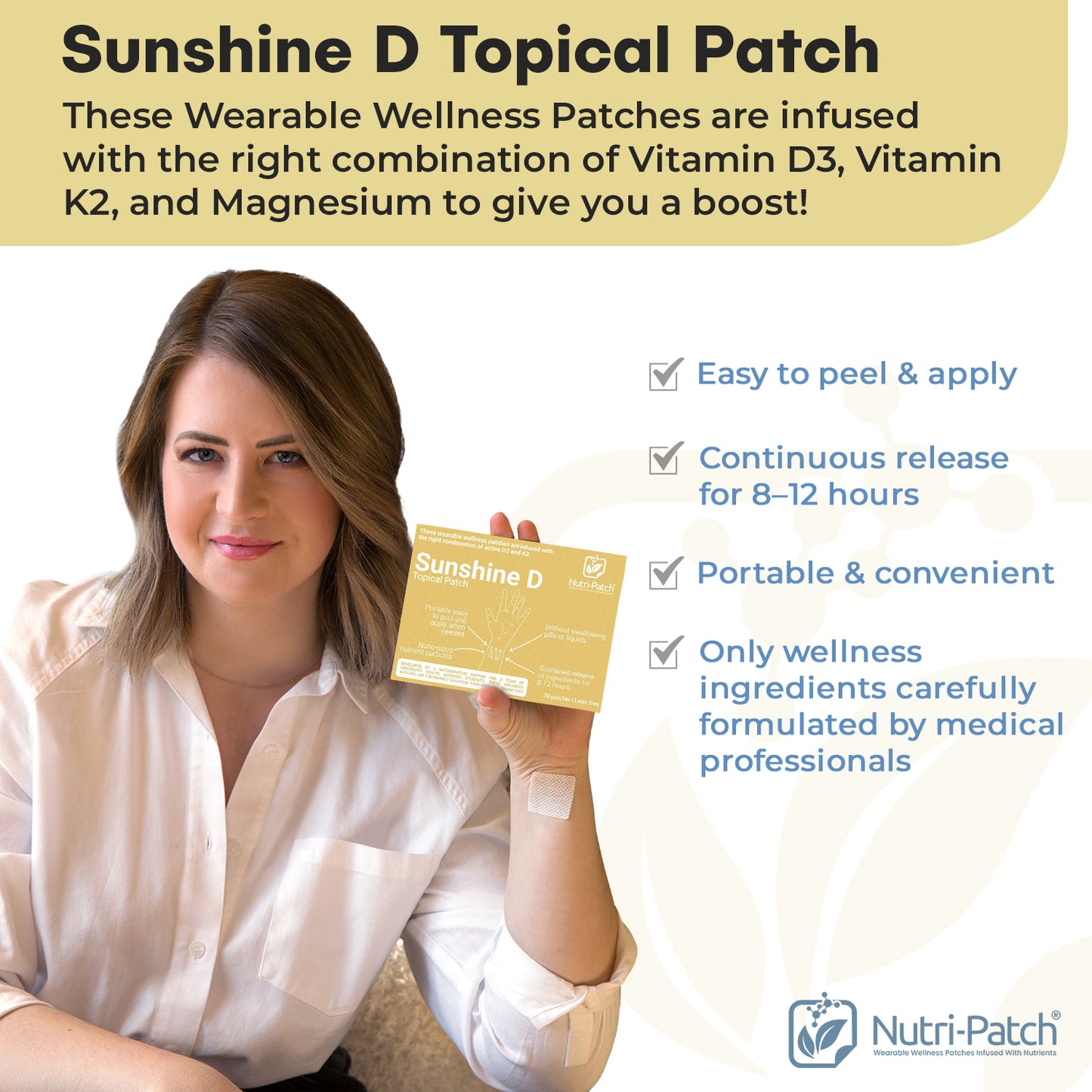 NUTRI-PATCH Sunshine D Nourishing Topical Patches with Vitamin D3, K2, and Magnesium (30 Count)