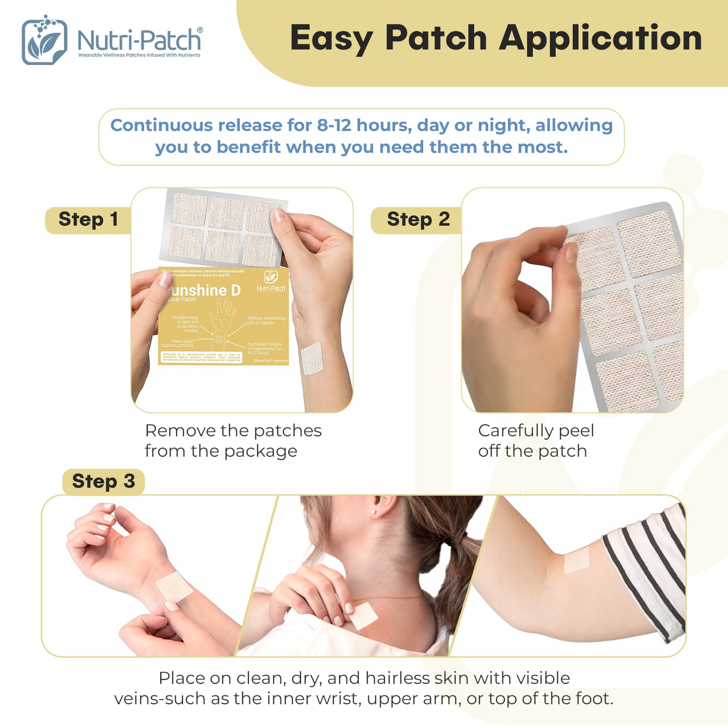 NUTRI-PATCH Sunshine D Nourishing Topical Patches with Vitamin D3, K2, and Magnesium (30 Count)