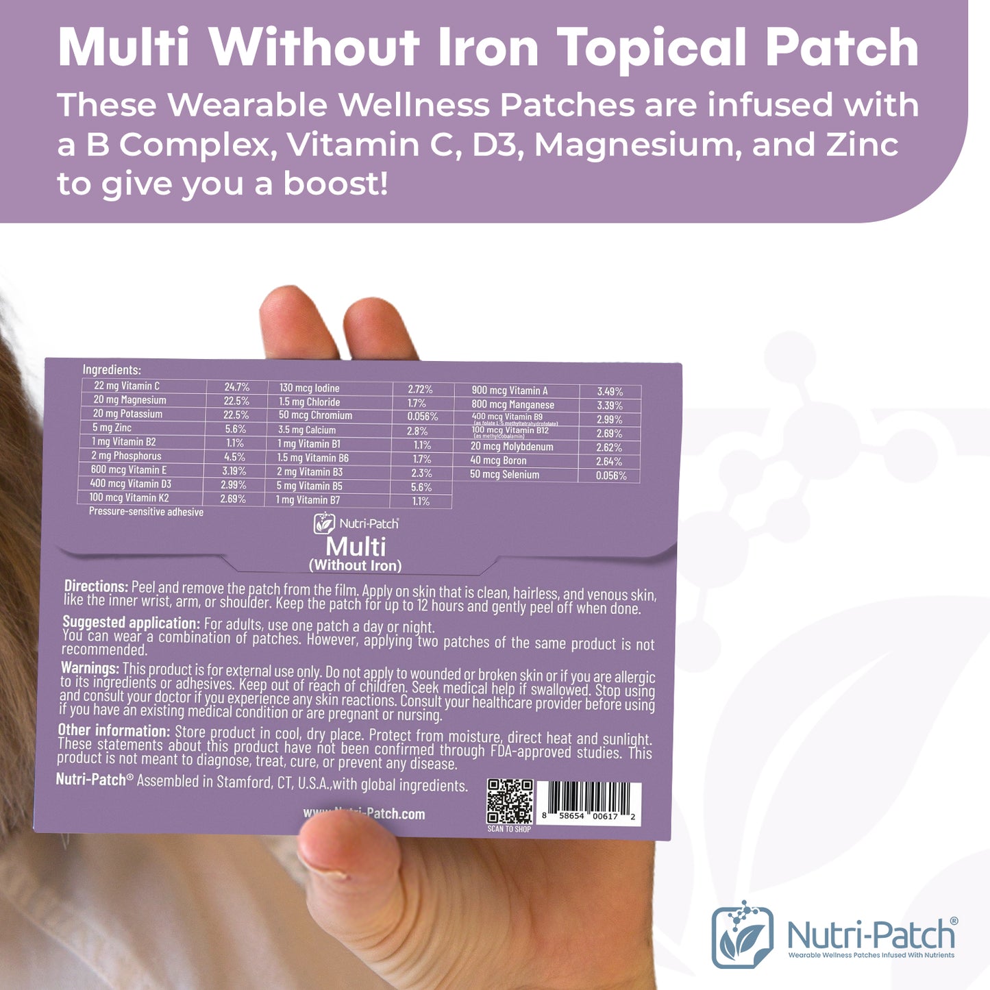 NUTRI-PATCH MULTI (Iron-Free) Nourishing Topical Patches with B Complex, Vitamins C, D3, Magnesium, Zinc (30 Count)