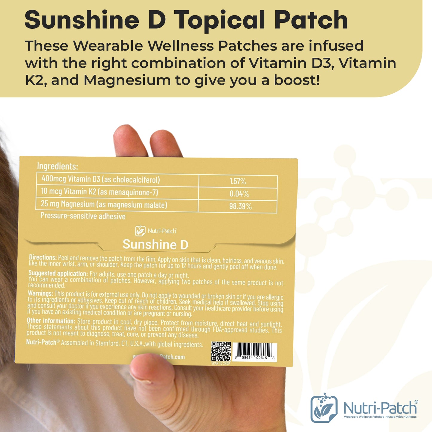 NUTRI-PATCH Sunshine D Nourishing Topical Patches with Vitamin D3, K2, and Magnesium (30 Count)
