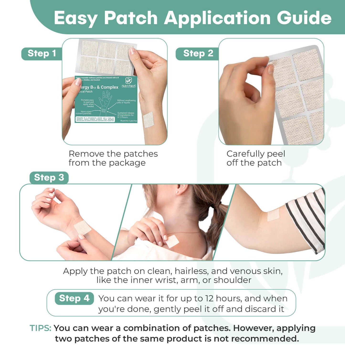NUTRI-PATCH Energy B12 &Complex Topical Patch, Infused with B1,B2,B3,B5,B6,B12,Biotin. Designed to Give You a Boost (30/Pack).