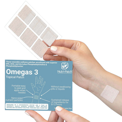 NUTRI-PATCH Omegas 3 Topical Patch, Infused with EPA, DHA, ALA, and Phosphatidylcholine. Designed to Give You a Boost (30/Pack).