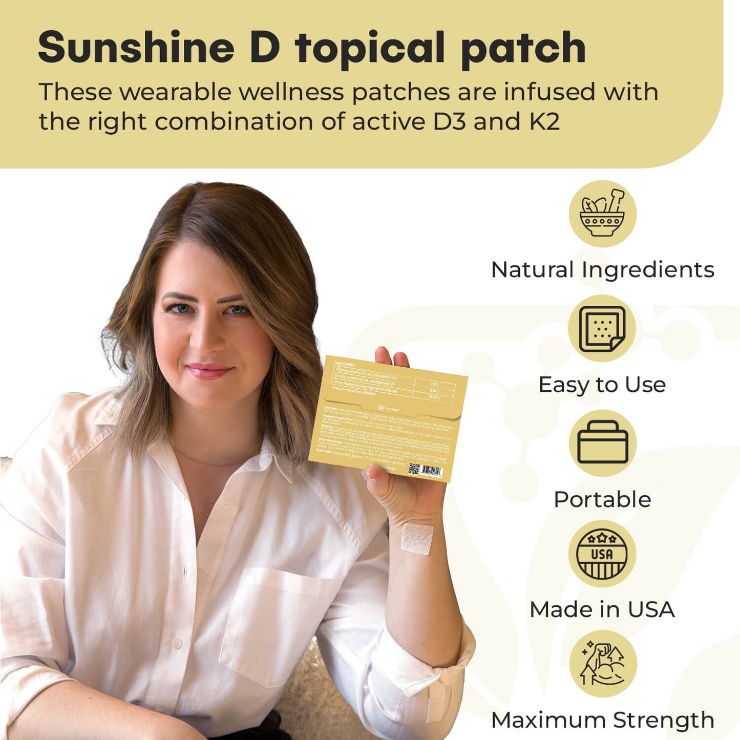 Sunshine D Topical Patch, Infused with D3, K2, Magnesium. Designed to Give You a Boost (30/Pack).