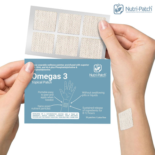 NUTRI-PATCH Omegas 3 Topical Patch, Infused with EPA, DHA, ALA, and Phosphatidylcholine. Designed to Give You a Boost (30/Pack).