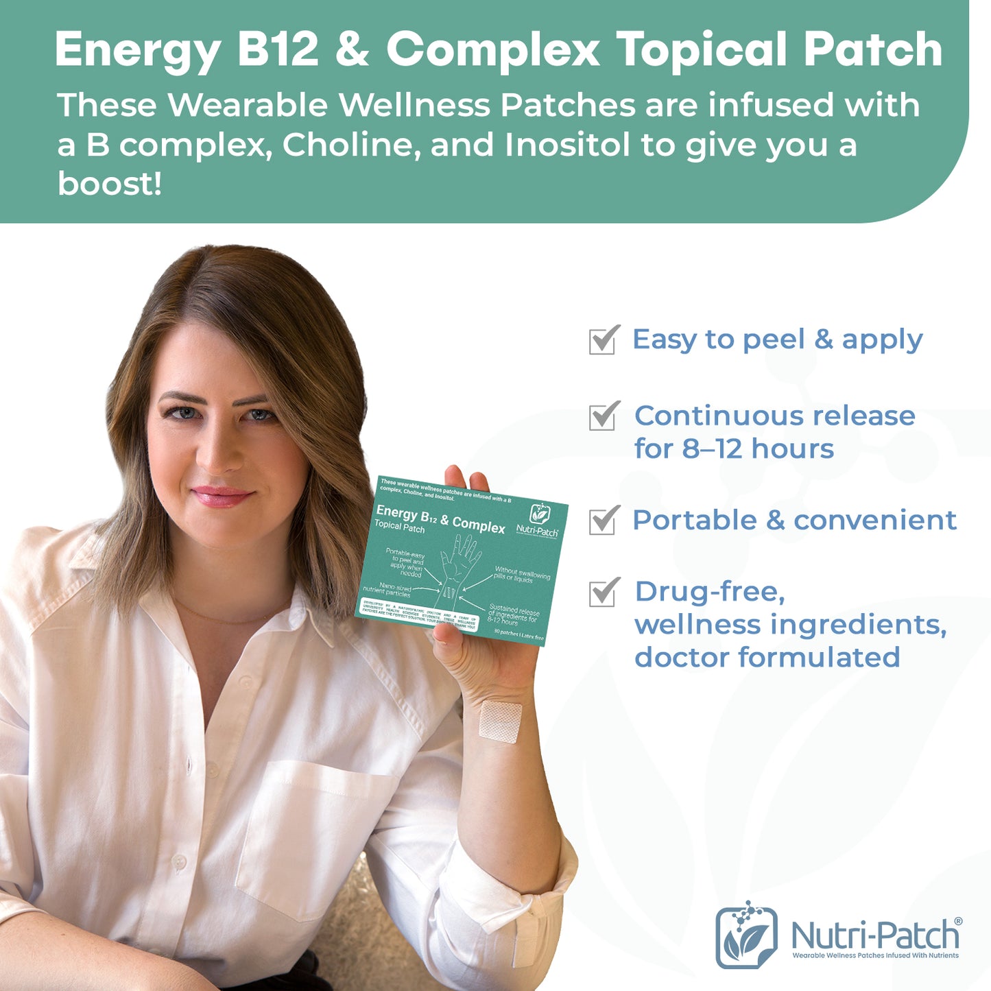 NUTRI-PATCH Energy B12 &Complex Topical Patch, Infused with B1,B2,B3,B5,B6,B12,Biotin. Designed to Give You a Boost (30/Pack).