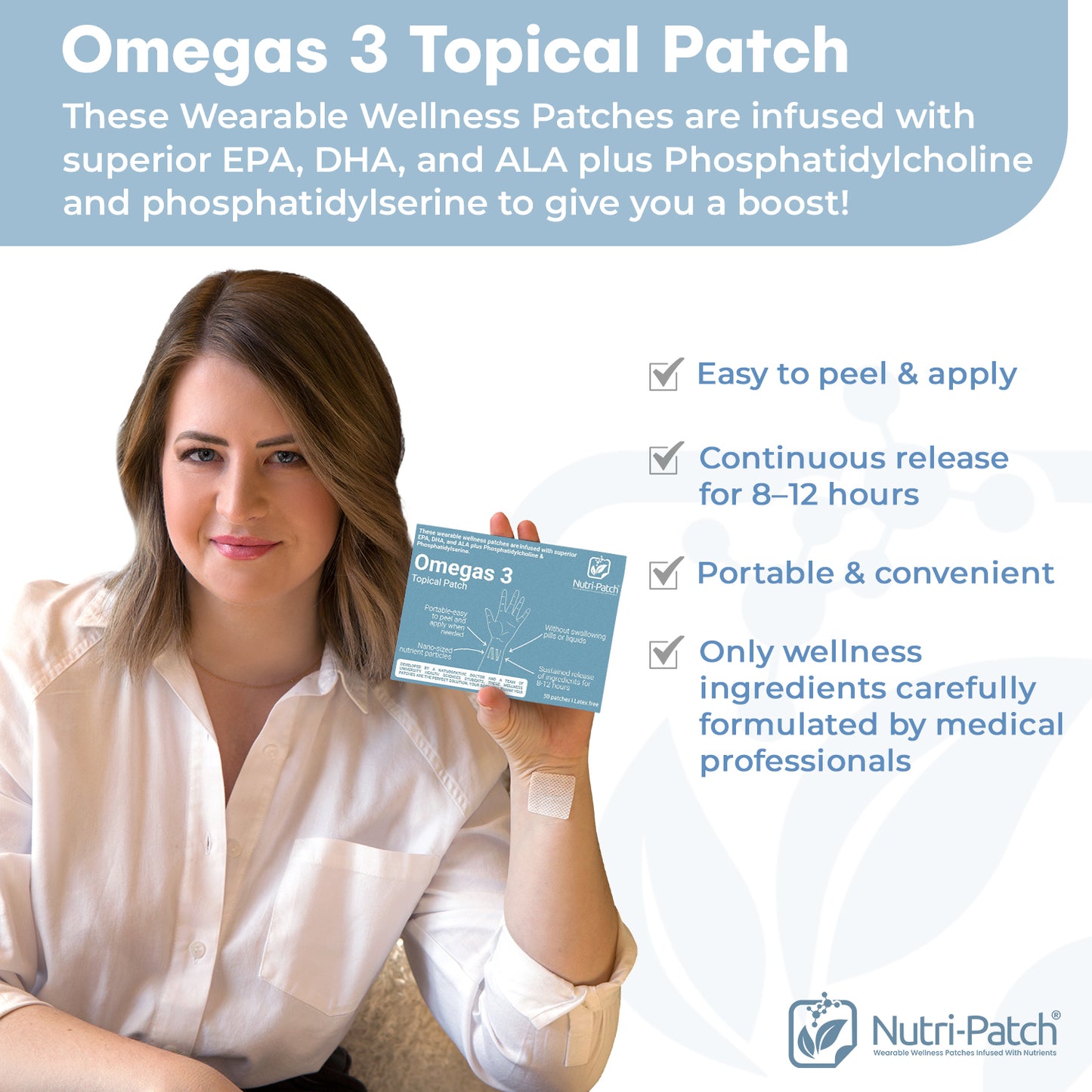 NUTRI-PATCH Omegas 3 Topical Patch, Infused with EPA, DHA, ALA, and Phosphatidylcholine. Designed to Give You a Boost (30/Pack).