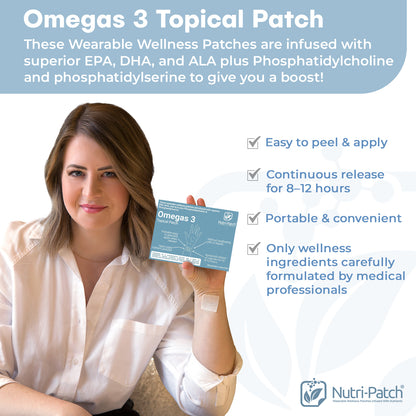 NUTRI-PATCH Omegas 3 Topical Patch, Infused with EPA, DHA, ALA, and Phosphatidylcholine. Designed to Give You a Boost (30/Pack).