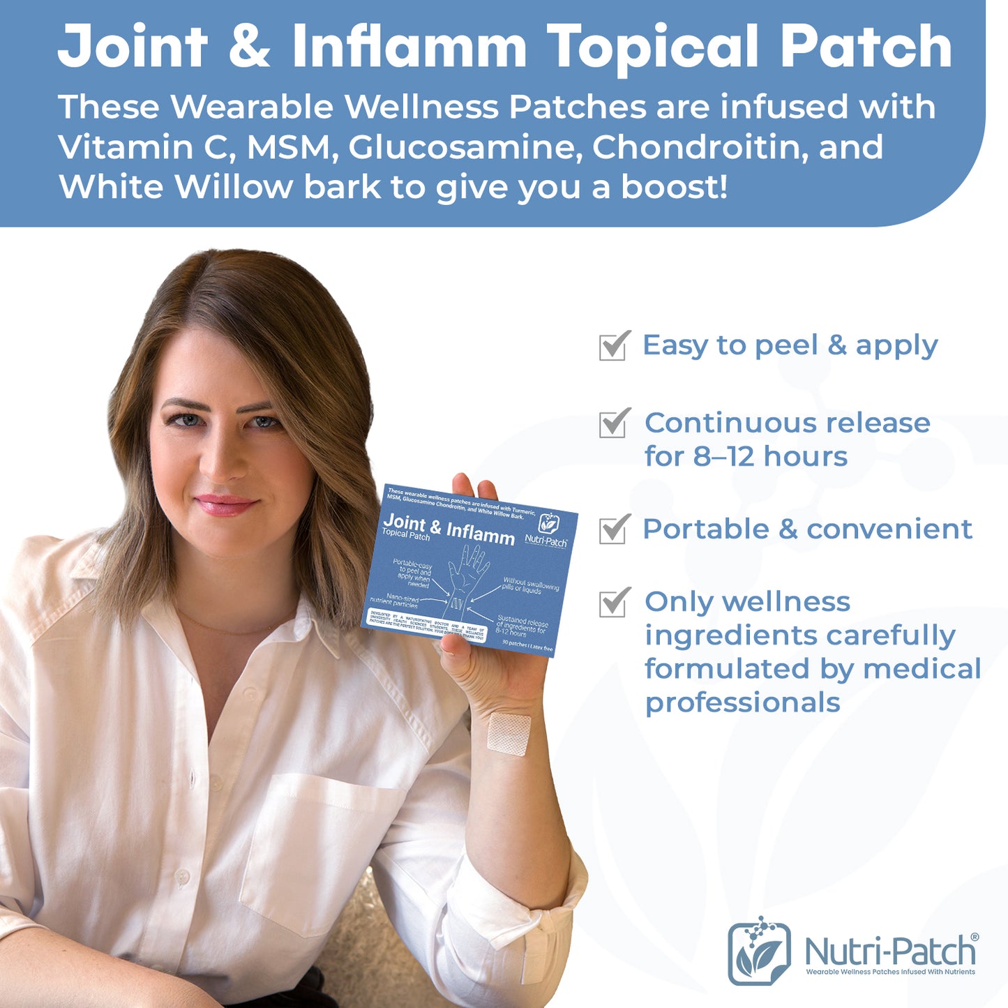 NUTRI-PATCH Joint & Inflamm Topical Patch, Infused with Turmeric, MSM, Glucosamine, Chondroitin, and White Willow bark.Designed to Give You a Boost. (30/Pack).