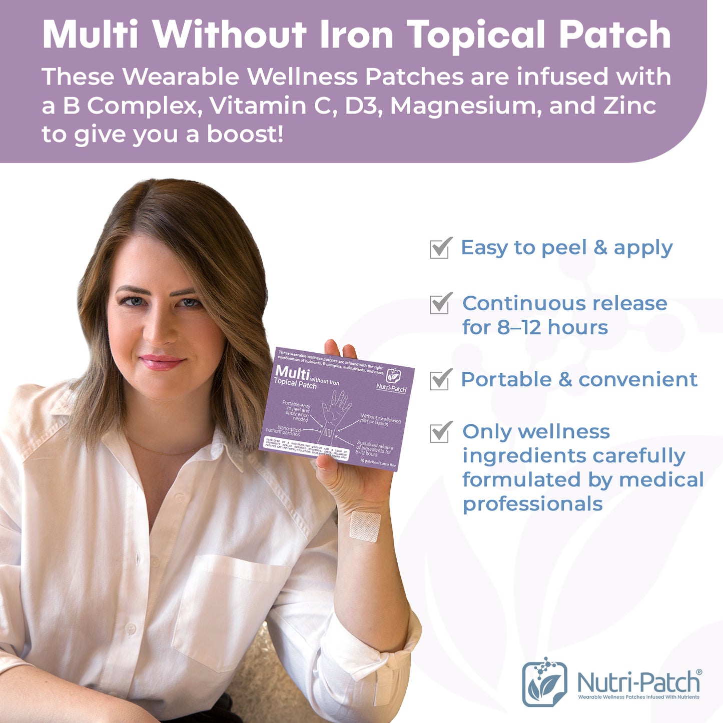 NUTRI-PATCH MULTI without Iron Topical Patch, Infused with a B Complex, D3, Magnesium, and Zinc. Designed to Give You a Boost (30/Pack).
