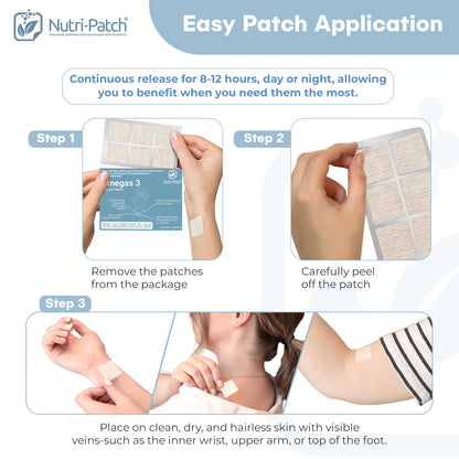 NUTRI-PATCH Omegas 3 Topical Patch, Infused with EPA, DHA, ALA, and Phosphatidylcholine. Designed to Give You a Boost (30/Pack).