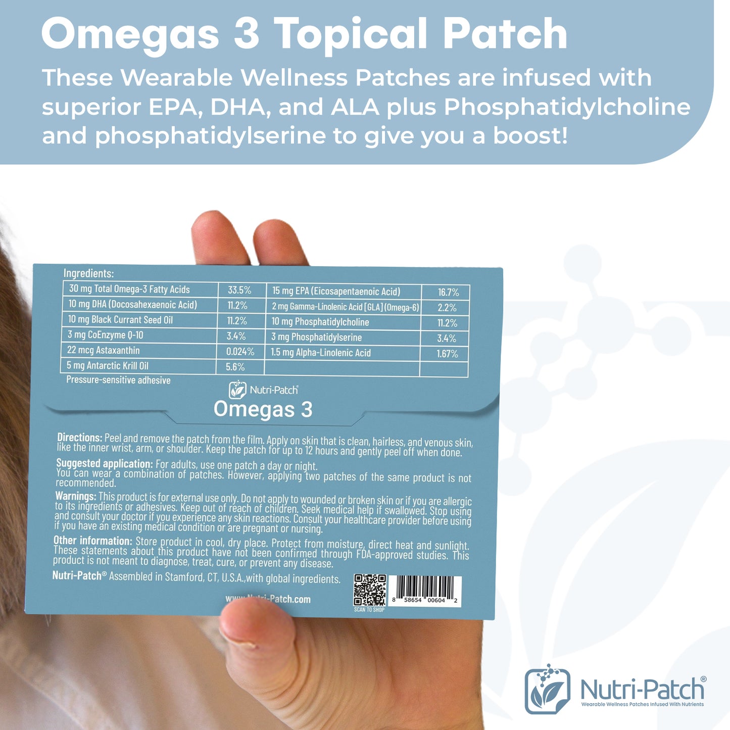 NUTRI-PATCH Omegas 3 Topical Patch, Infused with EPA, DHA, ALA, and Phosphatidylcholine. Designed to Give You a Boost (30/Pack).