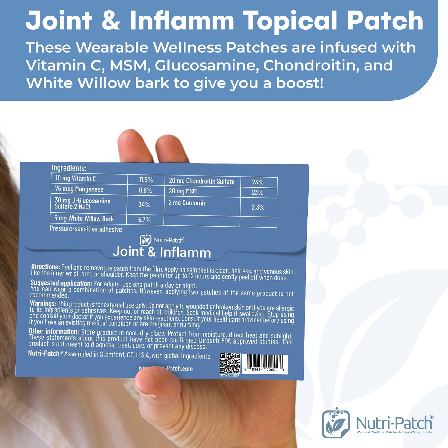 NUTRI-PATCH Joint & Inflamm Topical Patch, Infused with Turmeric, MSM, Glucosamine, Chondroitin, and White Willow bark.Designed to Give You a Boost. (30/Pack).